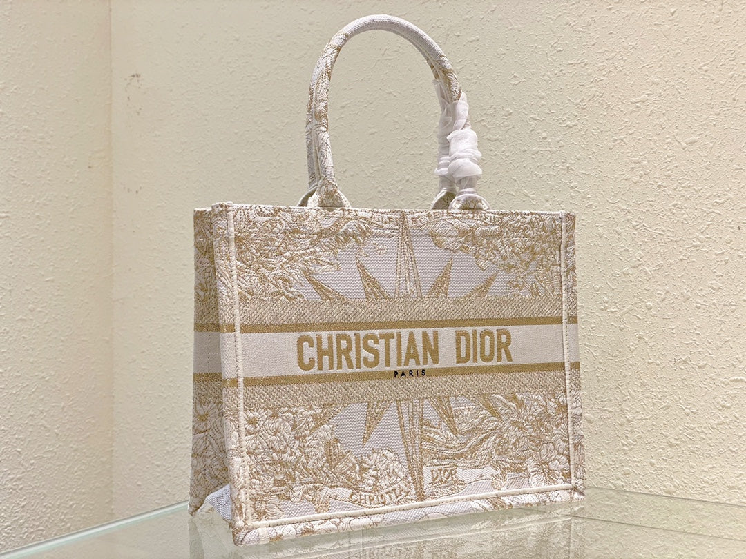 Christian Dior Book Tote Bag - White and Gold Toile de Jouy Zodiac Embroidery