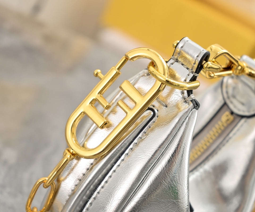 Fendi Fendigraphy Nano Silver Metallic Leather Hobo Bag with Gold Chain Strap