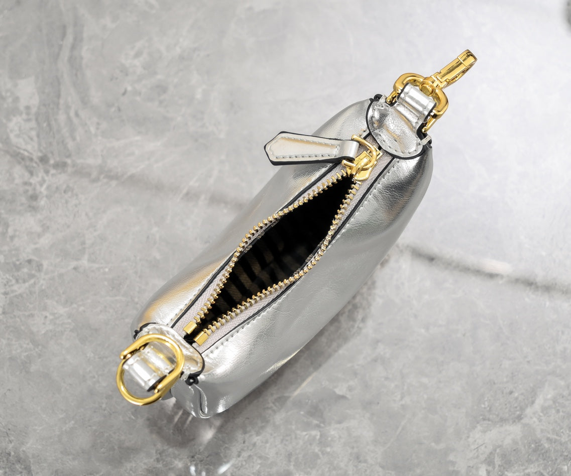 Fendi Fendigraphy Nano Silver Metallic Leather Hobo Bag with Gold Chain Strap