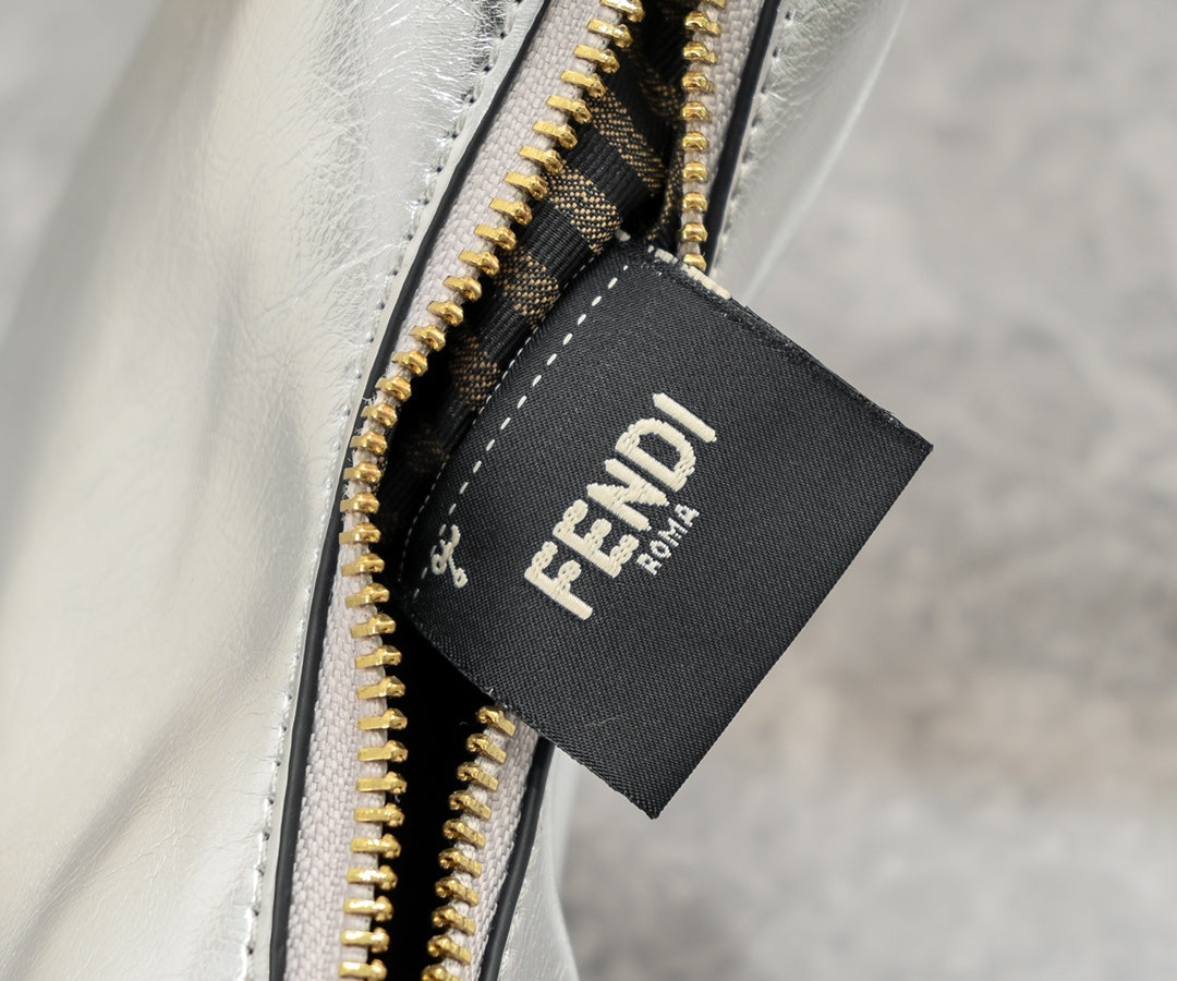 Fendi Fendigraphy Nano Silver Metallic Leather Hobo Bag with Gold Chain Strap