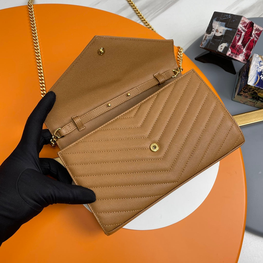 Saint Laurent Cassandre Envelope Chain Wallet in Tan Quilted Grain de Poudre Leather