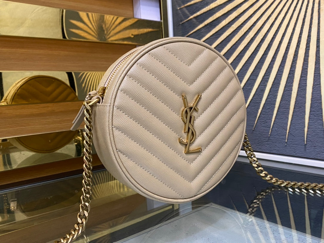Saint Laurent Vinyle Round Crossbody Bag - Beige Matelassé Leather