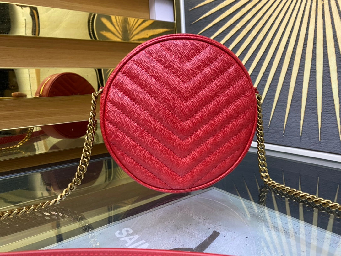 Saint Laurent Vinyle Round Camera Bag in Matelassé Chevron Leather - Red
