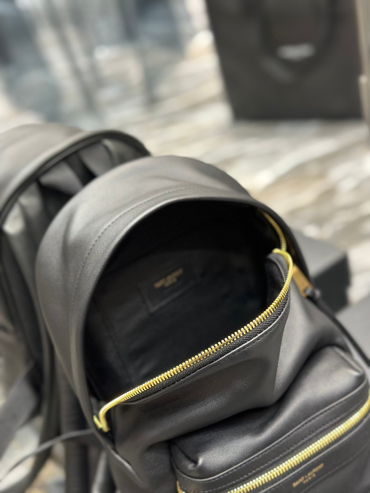 Saint Laurent Black Leather City Backpack - Small Designer Rucksack with Gold Zipper