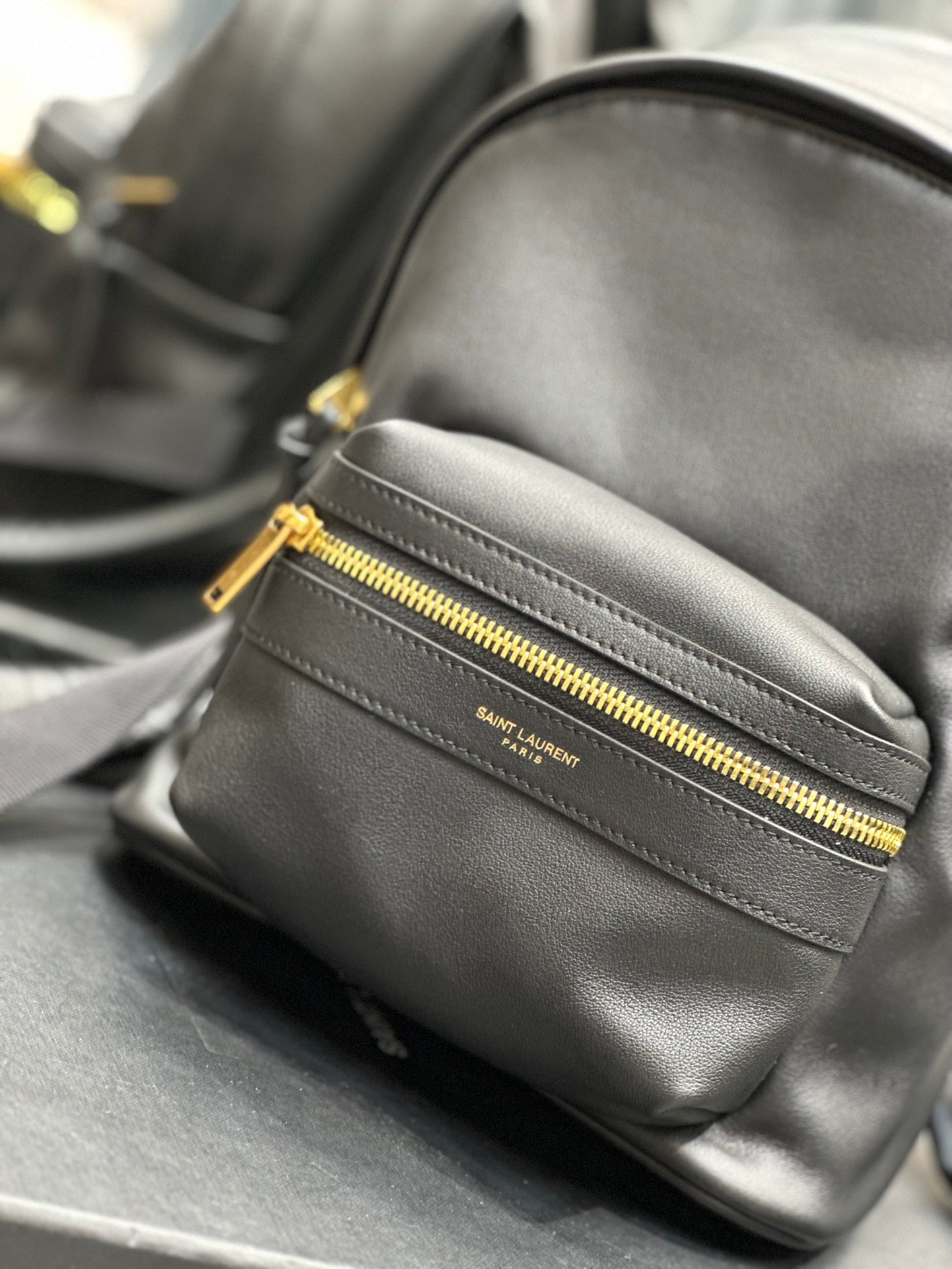 Saint Laurent Black Leather City Backpack - Small Designer Rucksack with Gold Zipper
