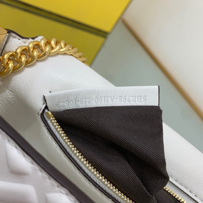 Fendi Baguette White Embossed FF Logo Leather Shoulder Bag with Gold Chain
