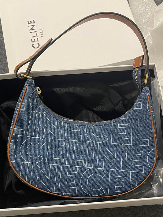 Celine Ava Bag in Denim with All-Over Logo Print - Blue