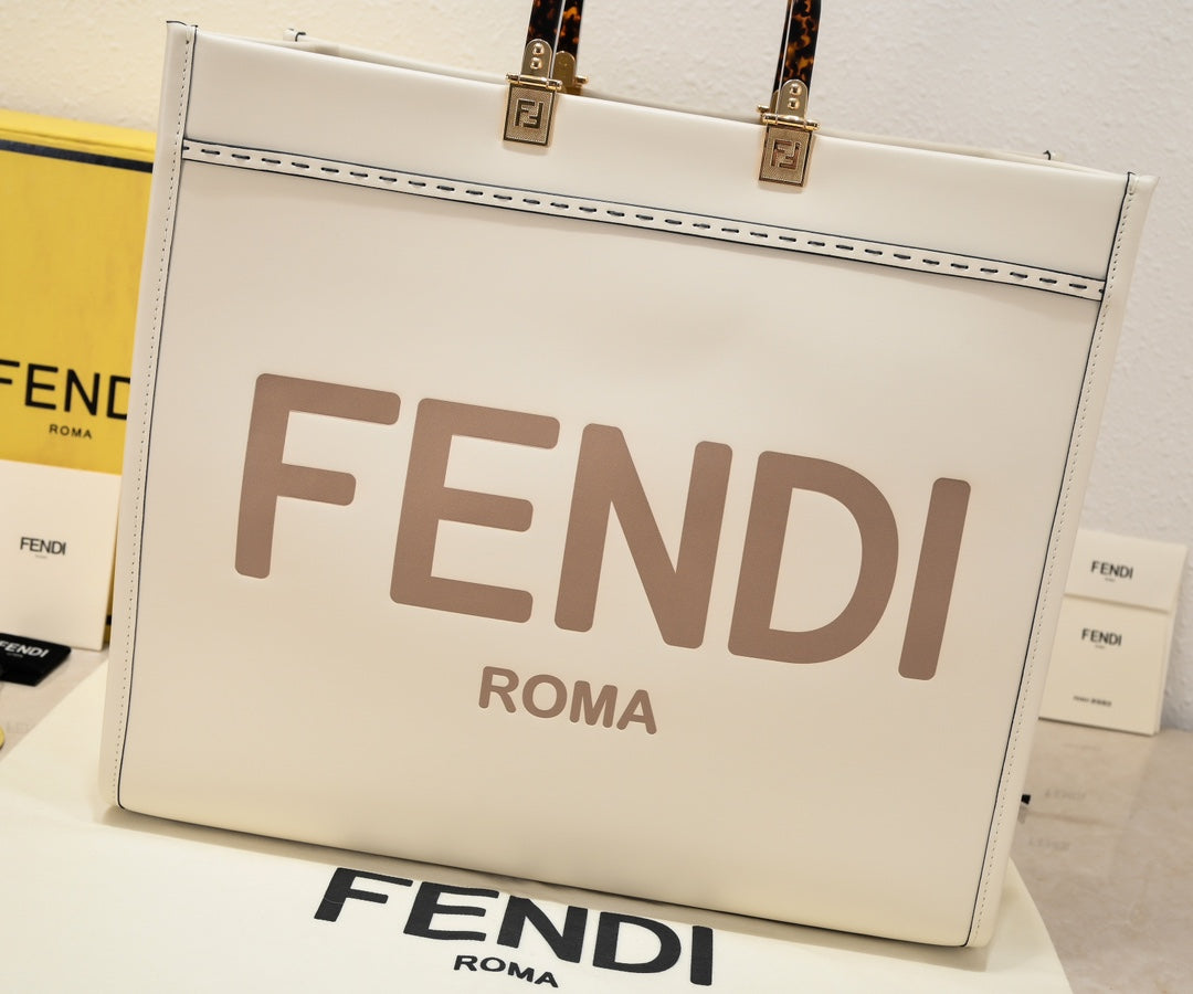 Fendi Sunshine Large White Canvas Shopper Tote Bag with Tortoiseshell Handles