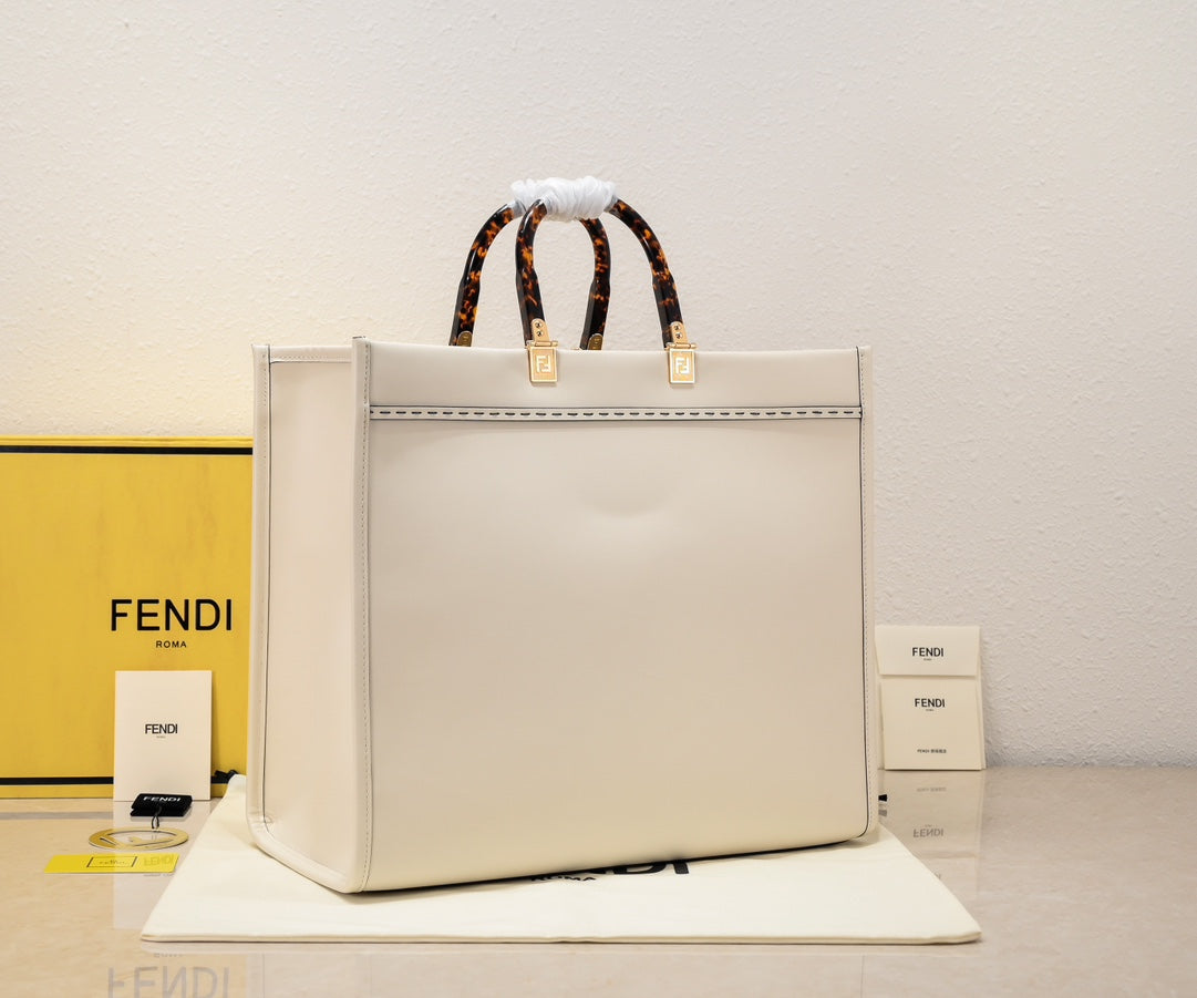 Fendi Sunshine Large White Canvas Shopper Tote Bag with Tortoiseshell Handles