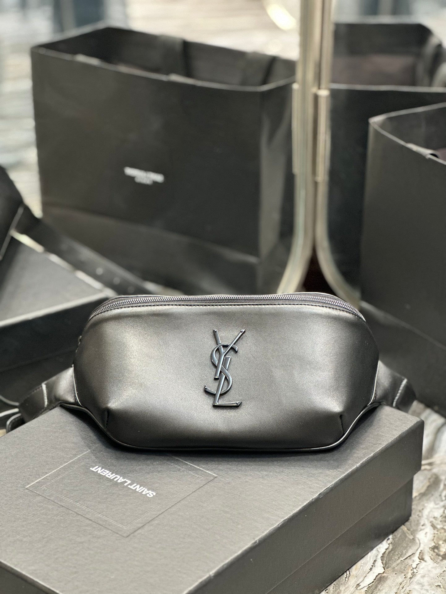 Saint Laurent Cassandre Belt Bag in Smooth Black Leather
