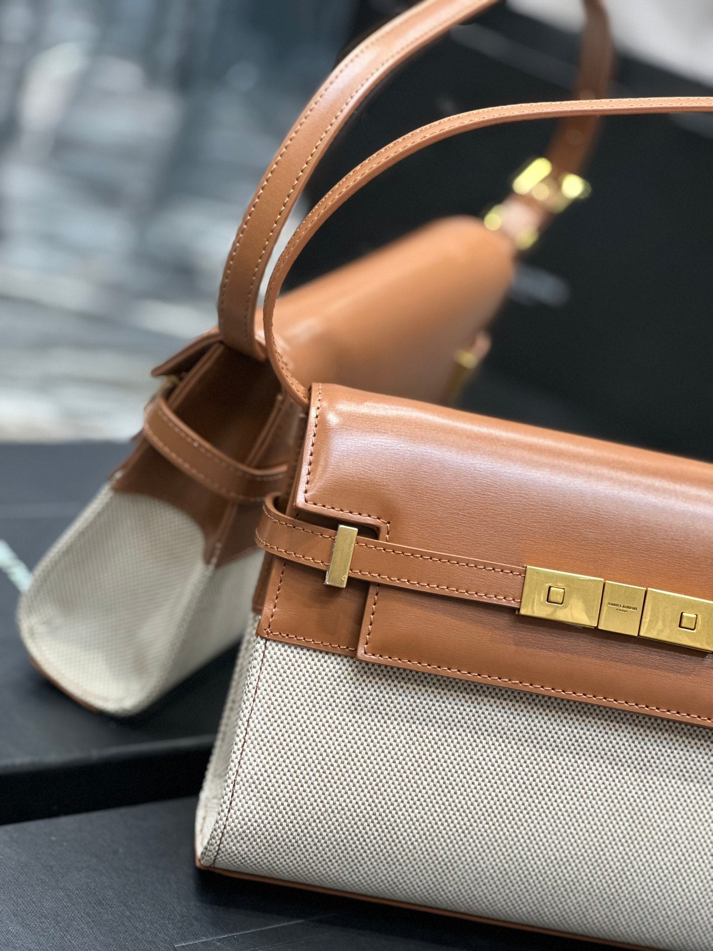 Saint Laurent Manhattan Small Shoulder Bag in Two-Tone Brown and Cream Leather