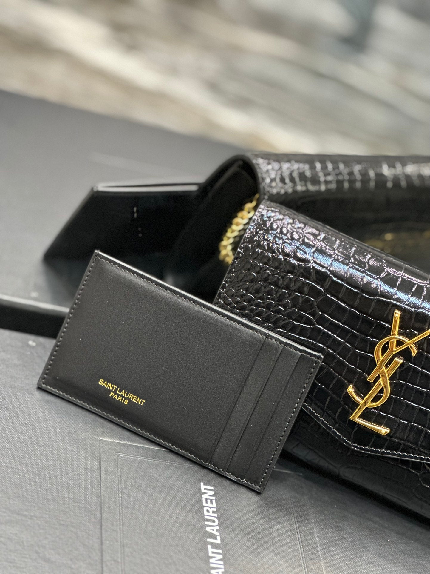 Saint Laurent YSL Black Crocodile-Embossed Leather Wallet on Chain with Cardholder