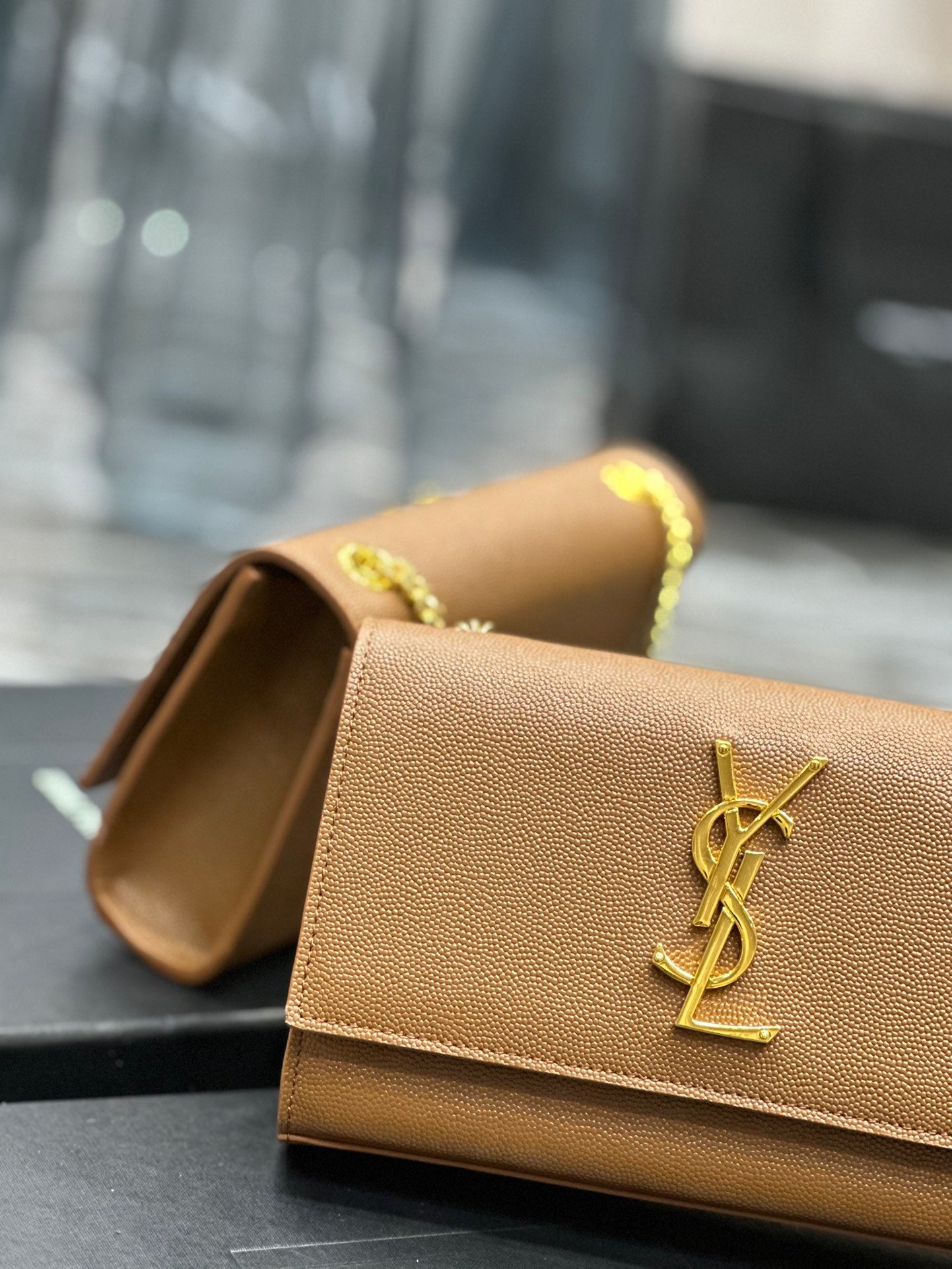 Saint Laurent Cassandra Mini Grained Leather Shoulder Bag in Tan