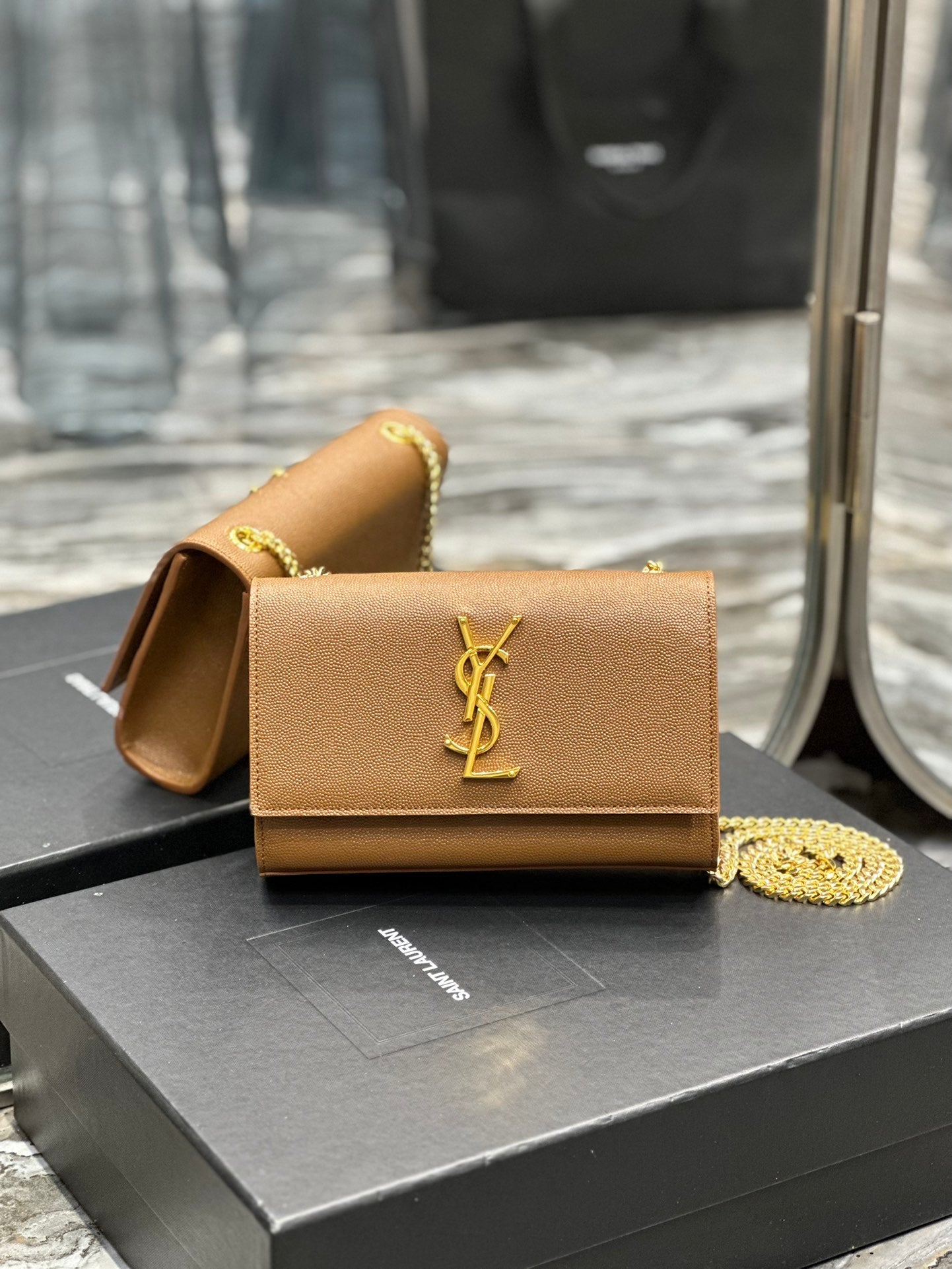 Saint Laurent Cassandra Mini Grained Leather Shoulder Bag in Tan