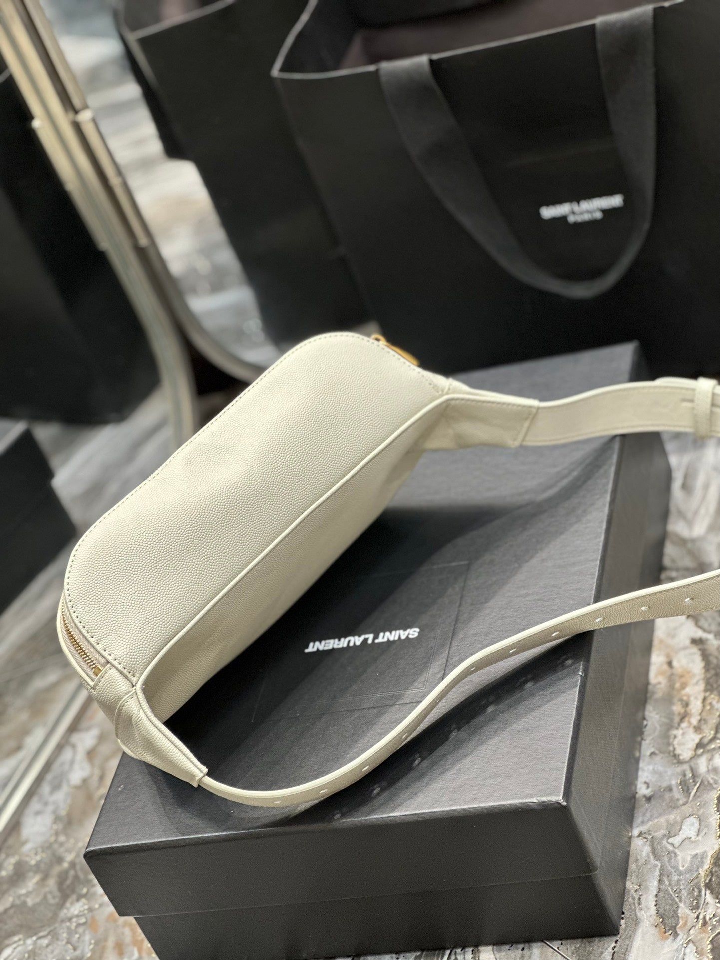 Saint Laurent Cassandre Belt Bag in Cream Leather with Gold Hardware