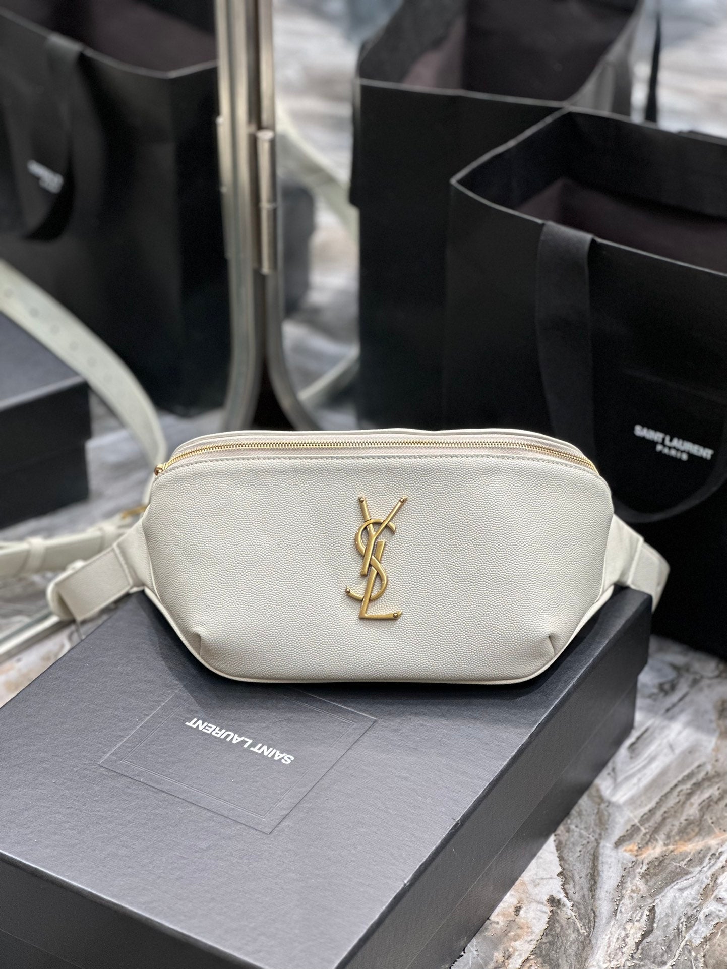 Saint Laurent Cassandre Belt Bag in Cream Leather with Gold Hardware