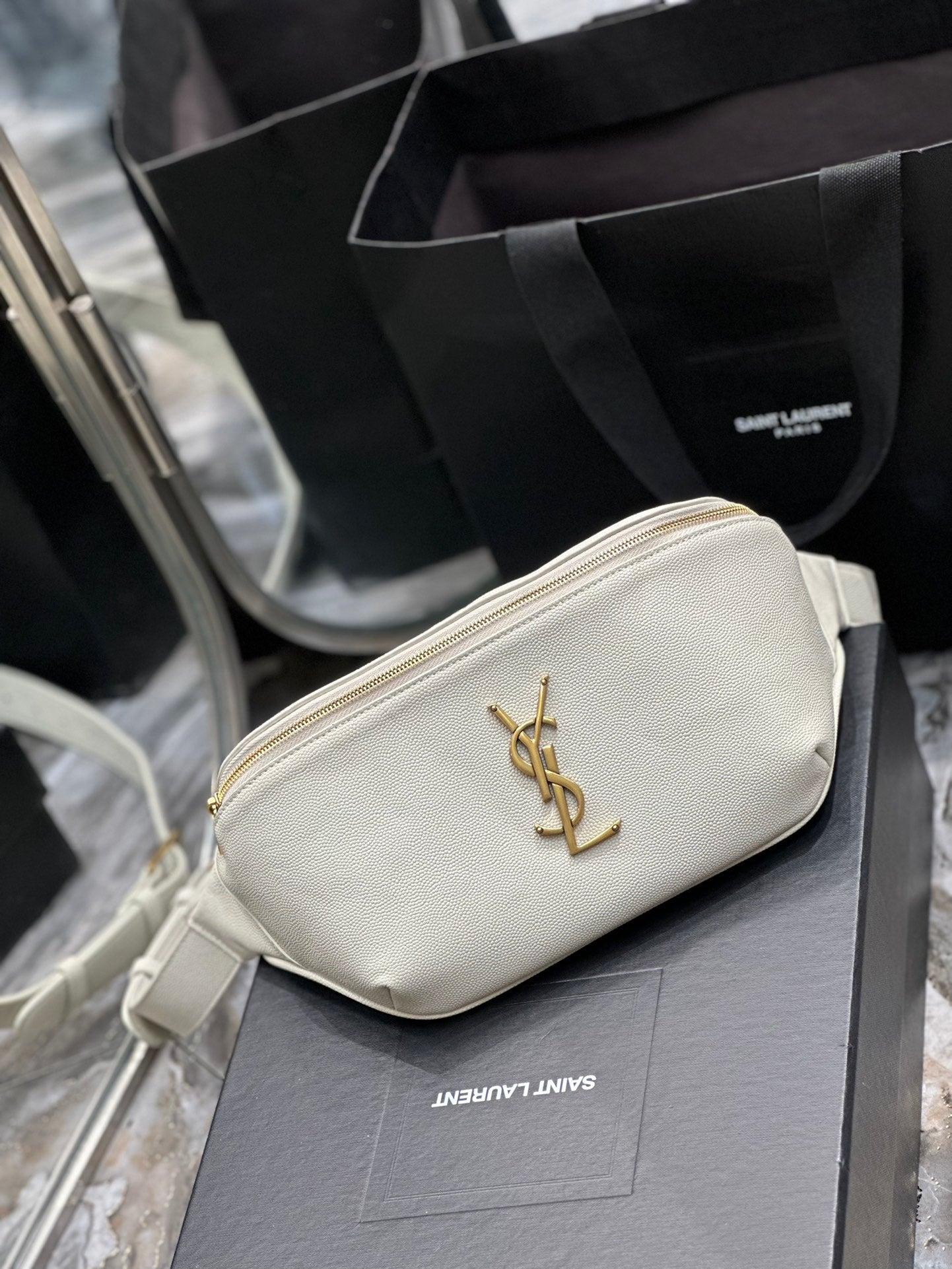 Saint Laurent Cassandre Belt Bag in Cream Leather with Gold Hardware