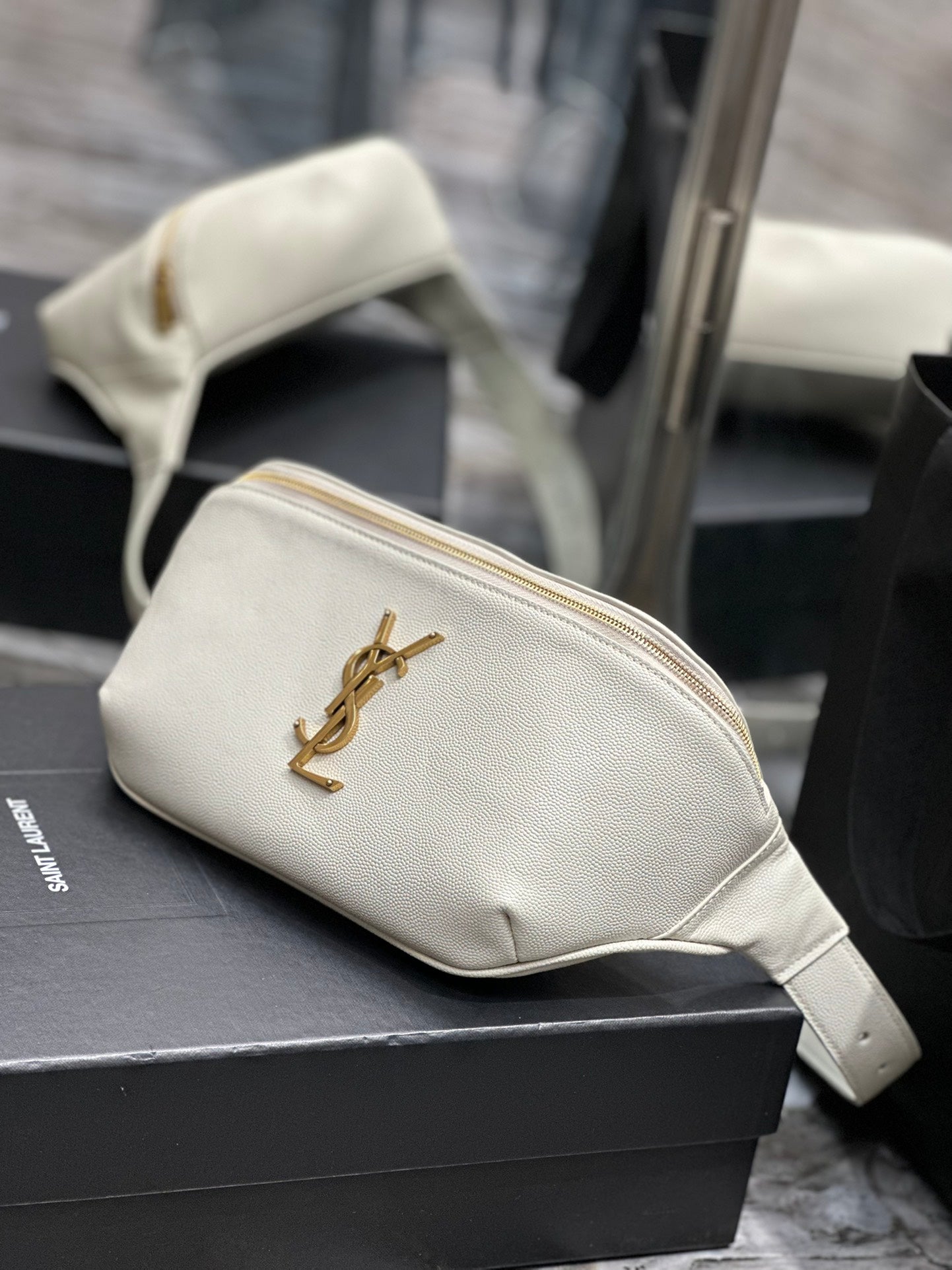 Saint Laurent Cassandre Belt Bag in Cream Leather with Gold Hardware
