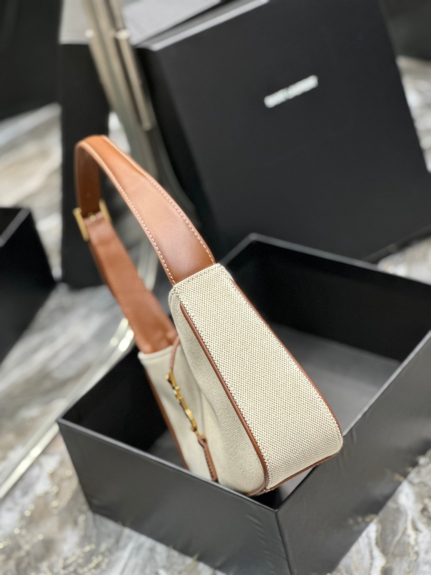 Saint Laurent LE 5 À 7 Hobo Bag in Canvas and Smooth Leather - Beige/Brown
