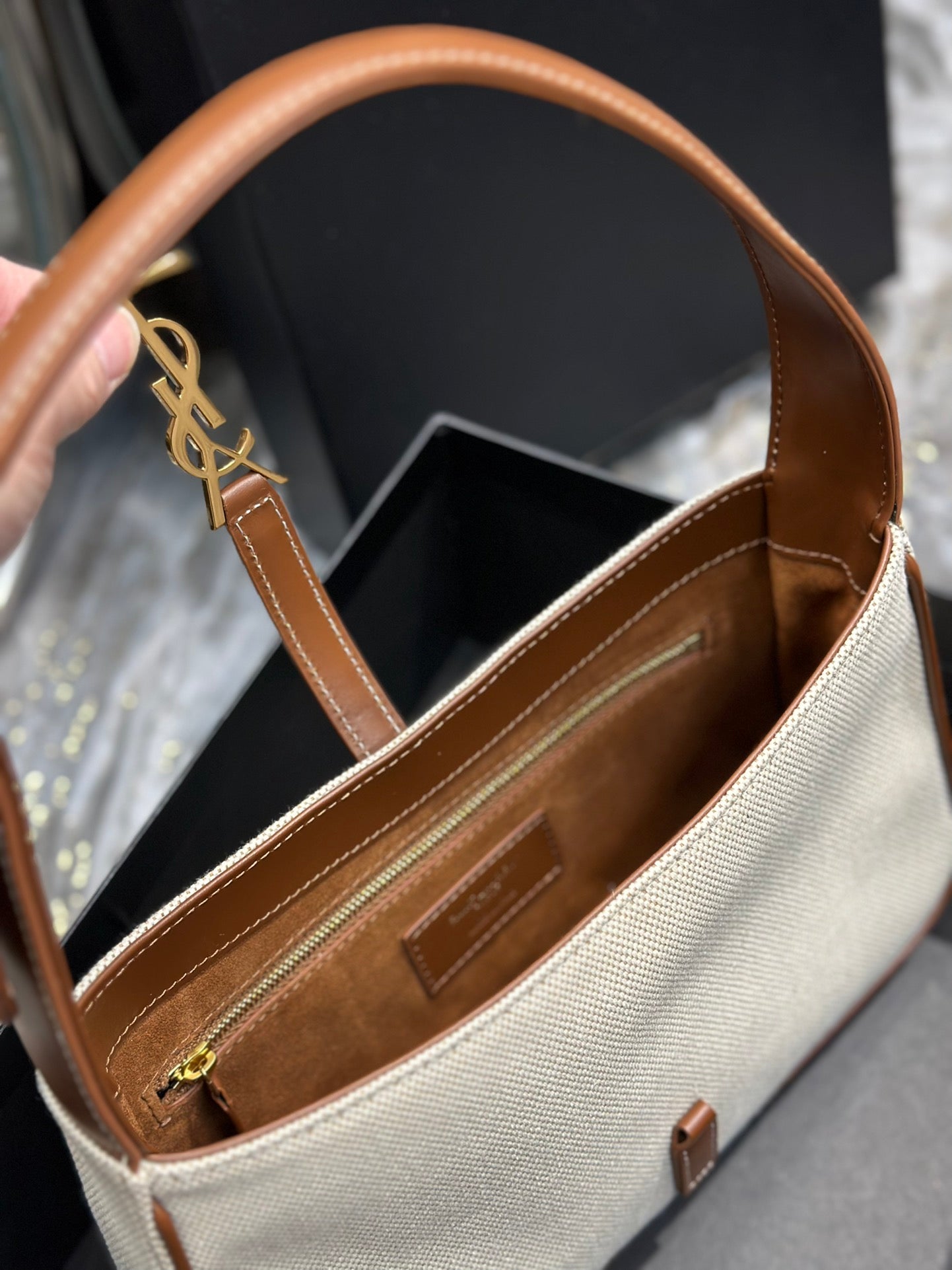 Saint Laurent LE 5 À 7 Hobo Bag in Canvas and Smooth Leather - Beige/Brown