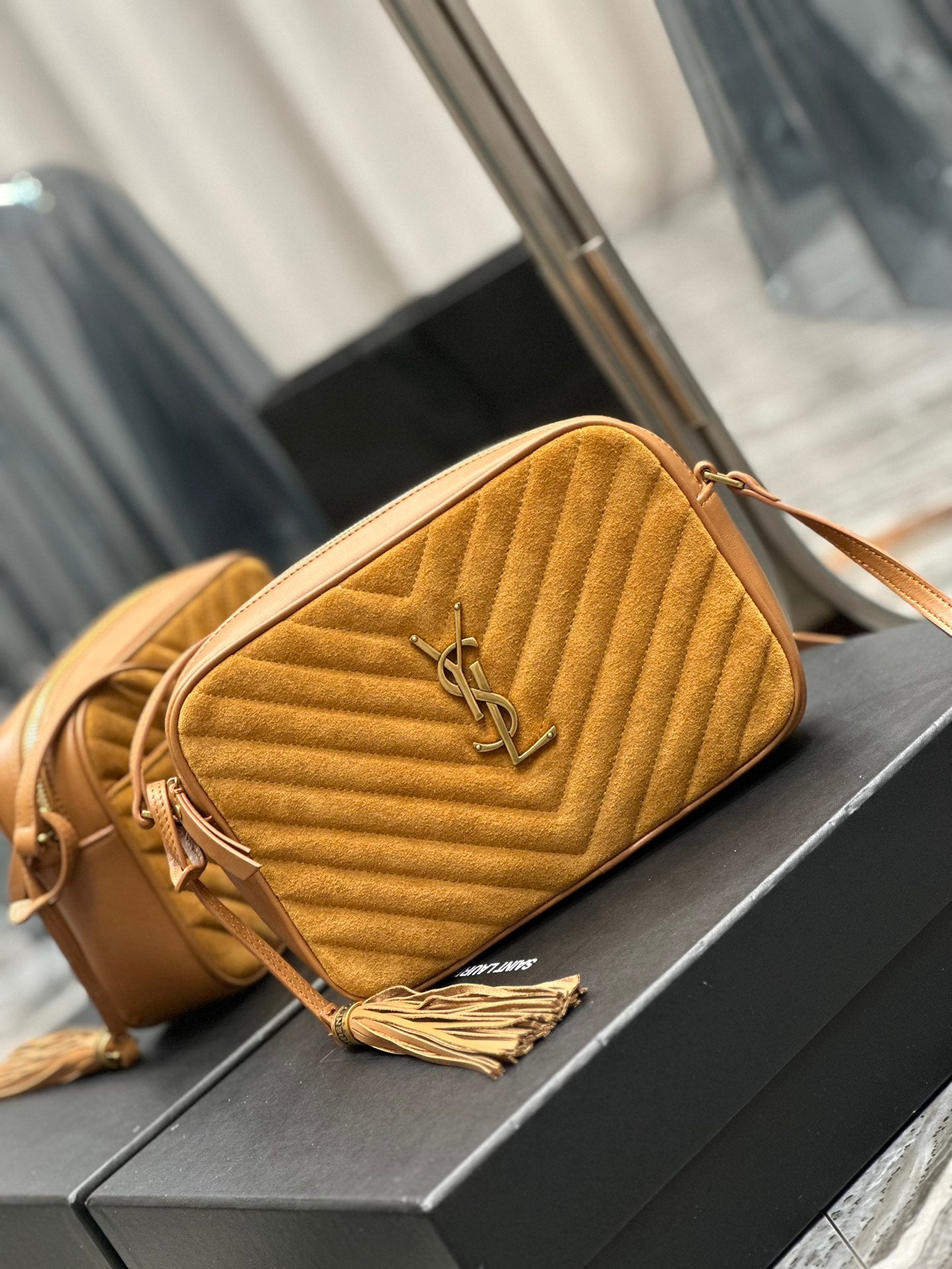 Saint Laurent Lou Medium Quilted Leather Camera Bag in Mustard Yellow