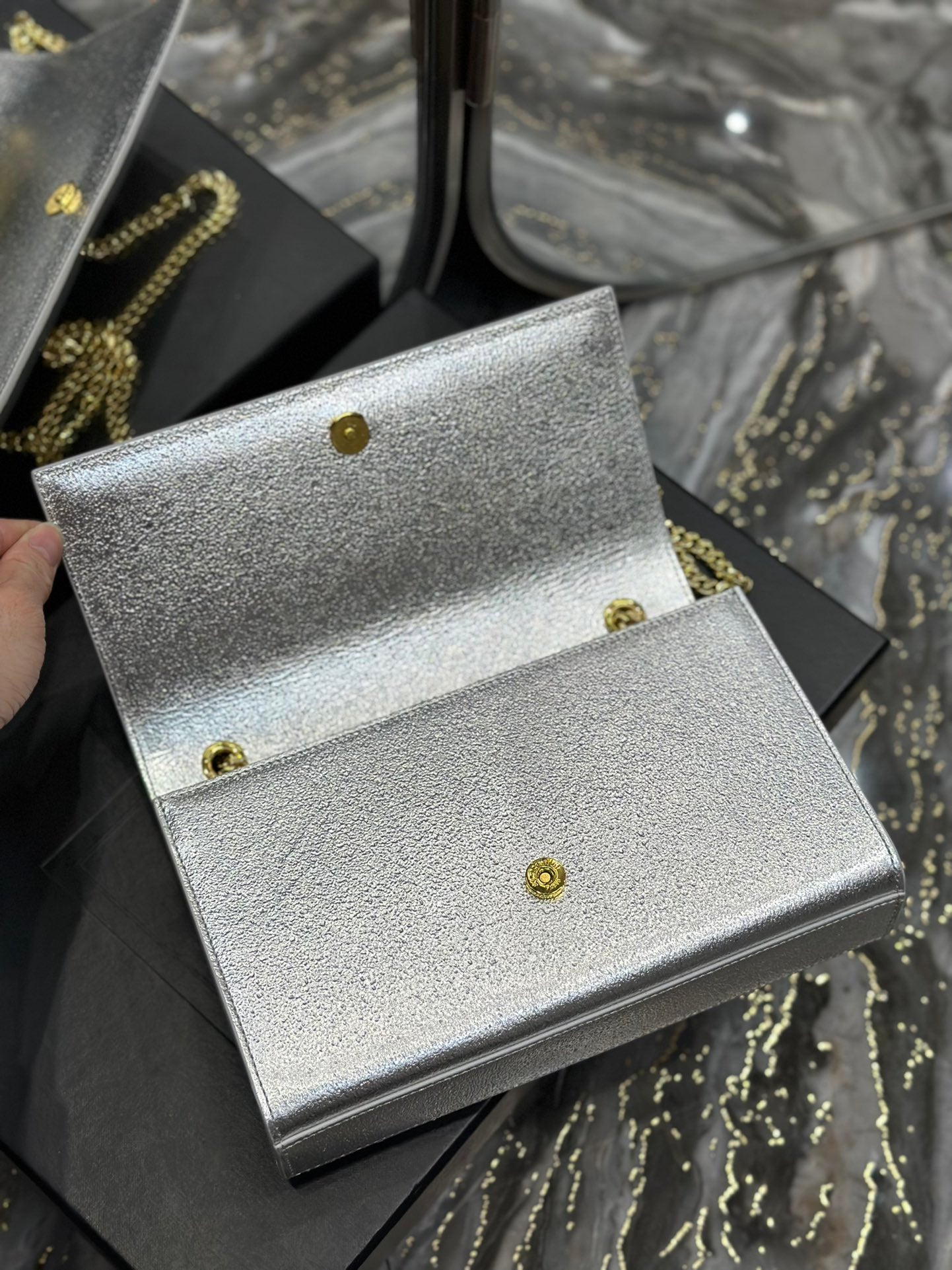 Saint Laurent Kate Medium Silver Glitter Shoulder Bag with Gold Hardware