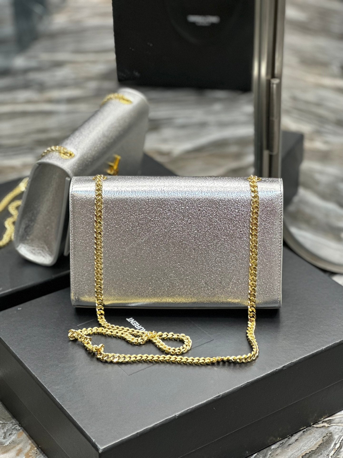Saint Laurent Kate Medium Silver Glitter Shoulder Bag with Gold Hardware