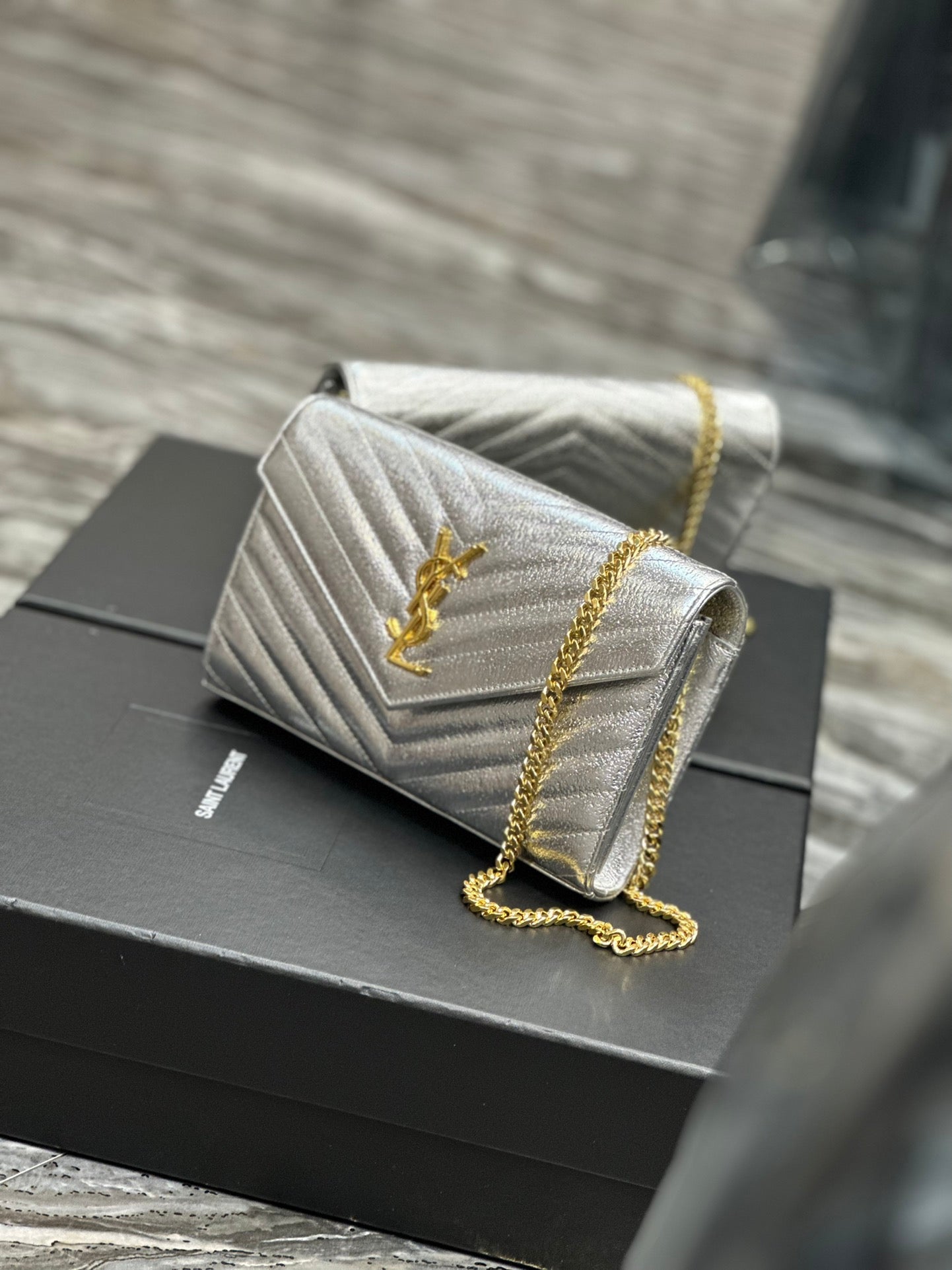 Saint Laurent Monogram Matelassé Leather Chain Wallet - Silver/Gold