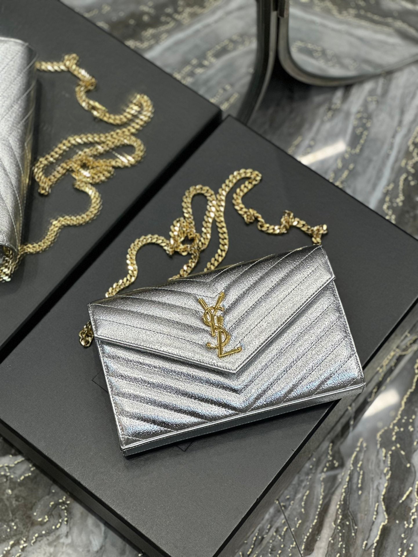 Saint Laurent Monogram Matelassé Leather Chain Wallet - Silver/Gold