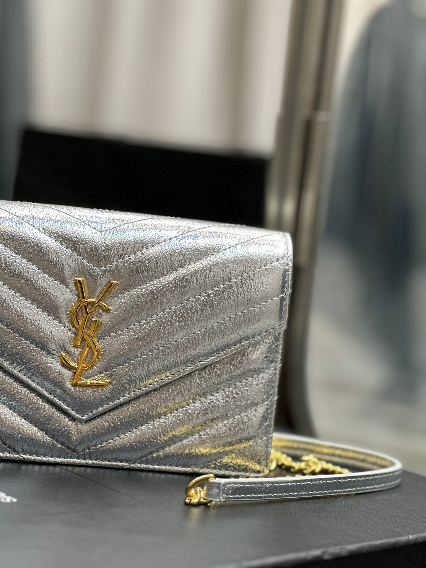 Saint Laurent Monogram Silver Quilted Leather Wallet on Chain with Gold Hardware