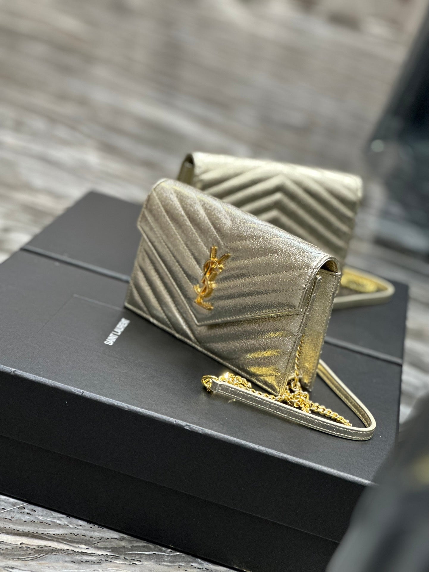 Saint Laurent Cassandre Matelassé Quilted Leather Wallet on Chain - Cream/Gold