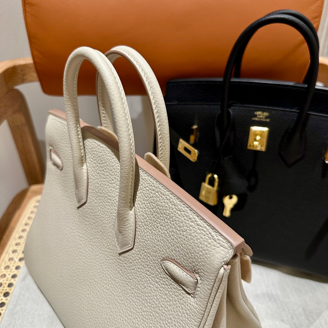 Luxury Genuine Leather Top-Handle Tote Bag - Elegant Birkin-Style Handbag in White and Black