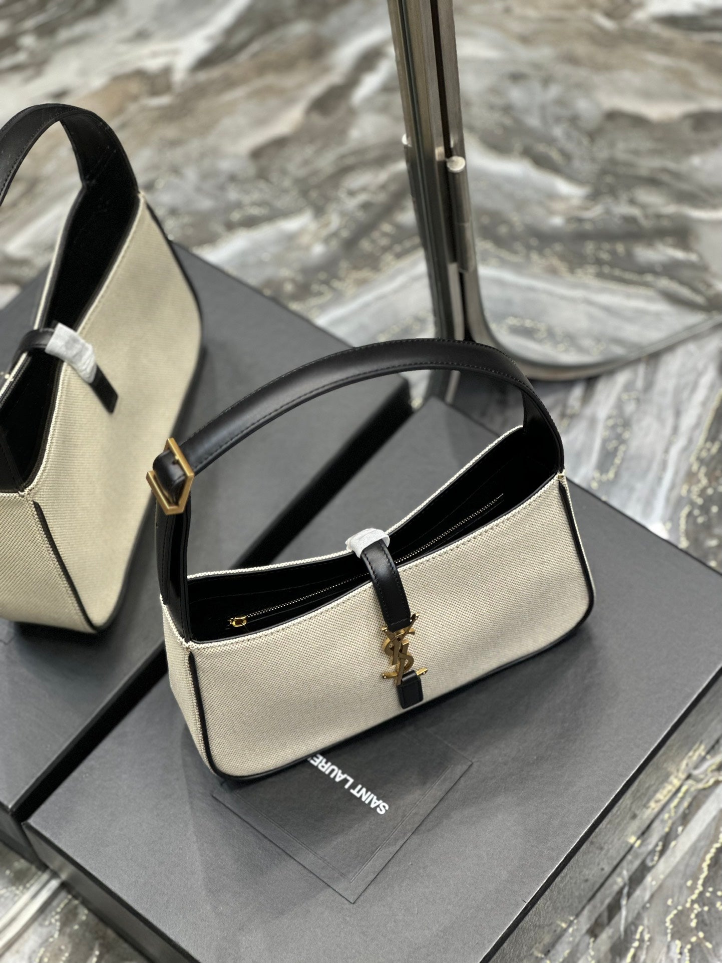 Women's Canvas and Leather Hobo Shoulder Bag with Gold-Tone Logo Closure - Cream/Black