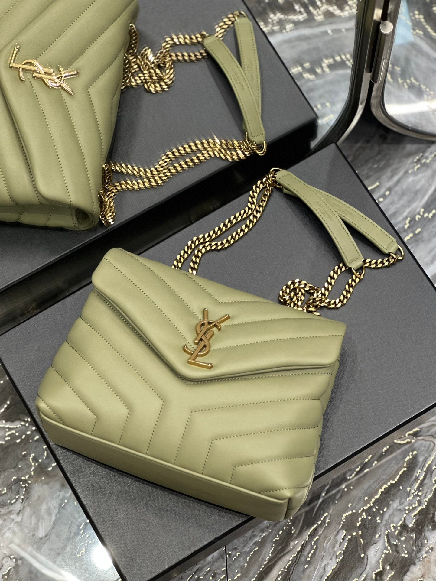 Saint Laurent Small Loulou Shoulder Bag in Sage Green Quilted Leather