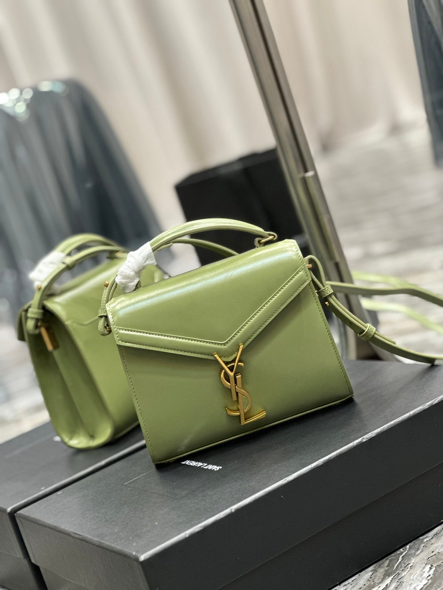 Saint Laurent Cassandra Mini Top Handle Bag in Sage Green Leather