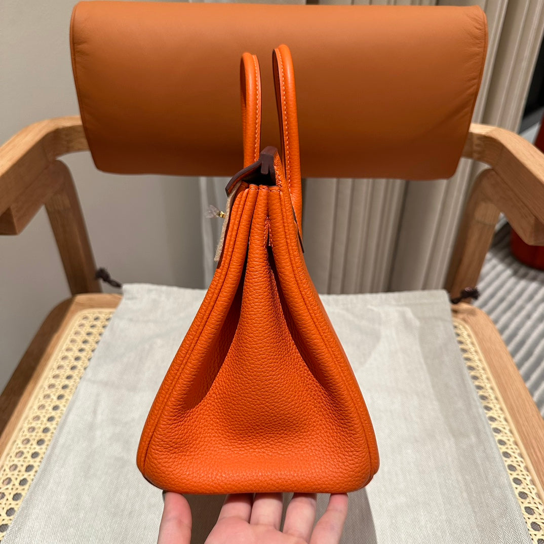 Classic Orange Leather Top-Handle Handbag with Gold-Tone Hardware