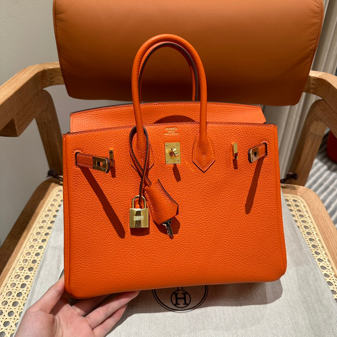 Classic Orange Leather Top-Handle Handbag with Gold-Tone Hardware