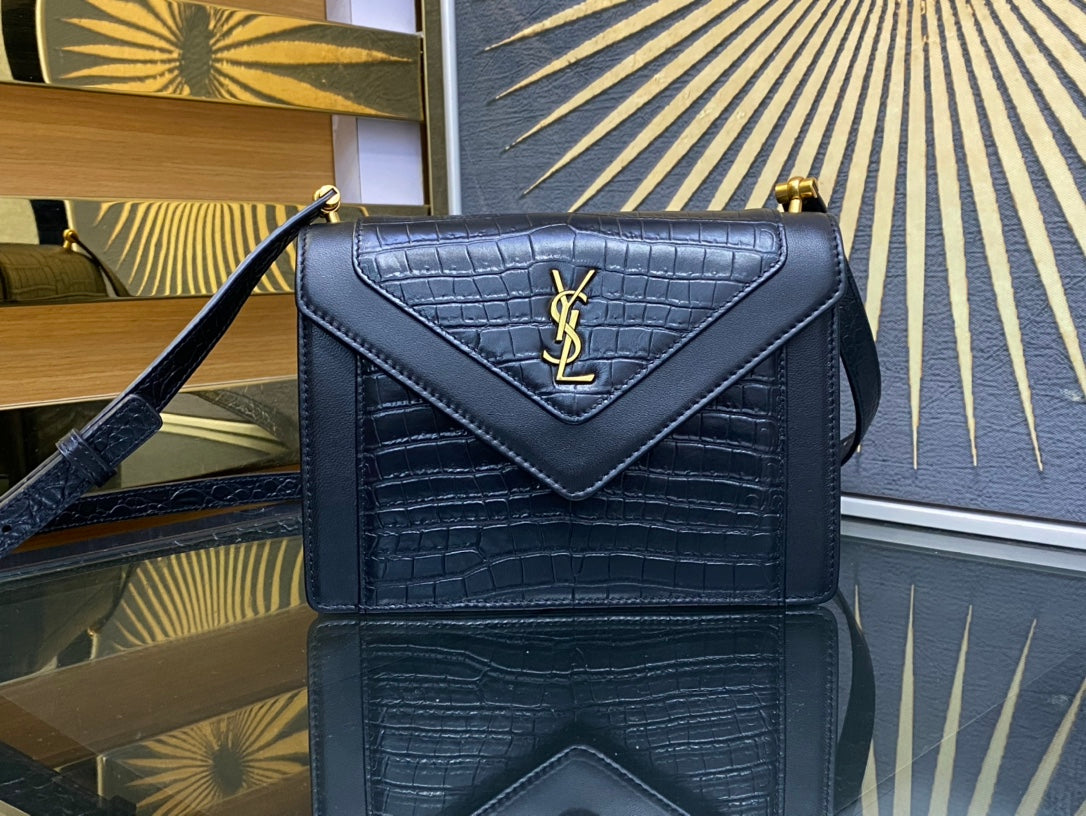 Saint Laurent Cassandra Medium Shoulder Bag in Crocodile-Embossed Leather - Black