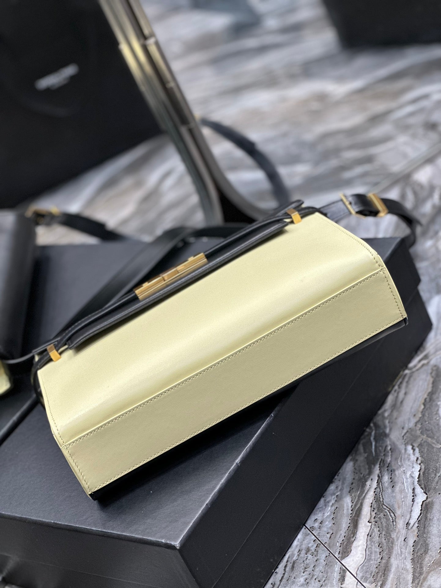 Two-Tone Leather Shoulder Bag - Black and Cream with Gold-Tone Clasp