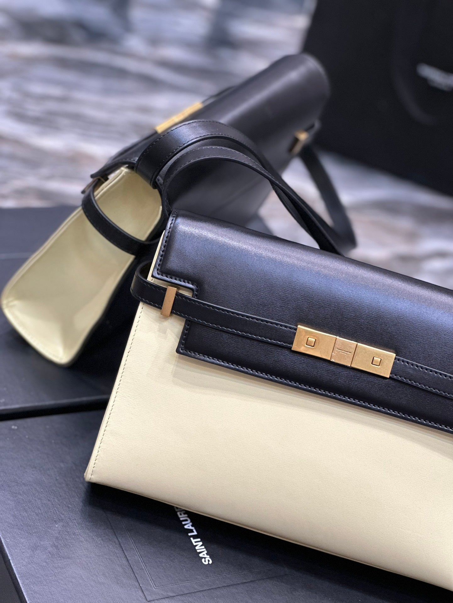 Two-Tone Leather Shoulder Bag - Black and Cream with Gold-Tone Clasp