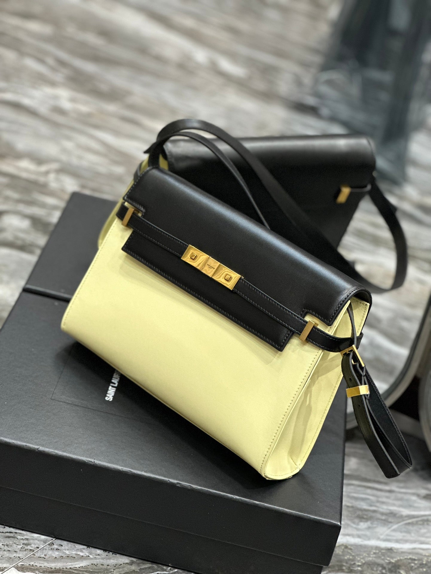 Two-Tone Leather Shoulder Bag - Black and Cream with Gold-Tone Clasp