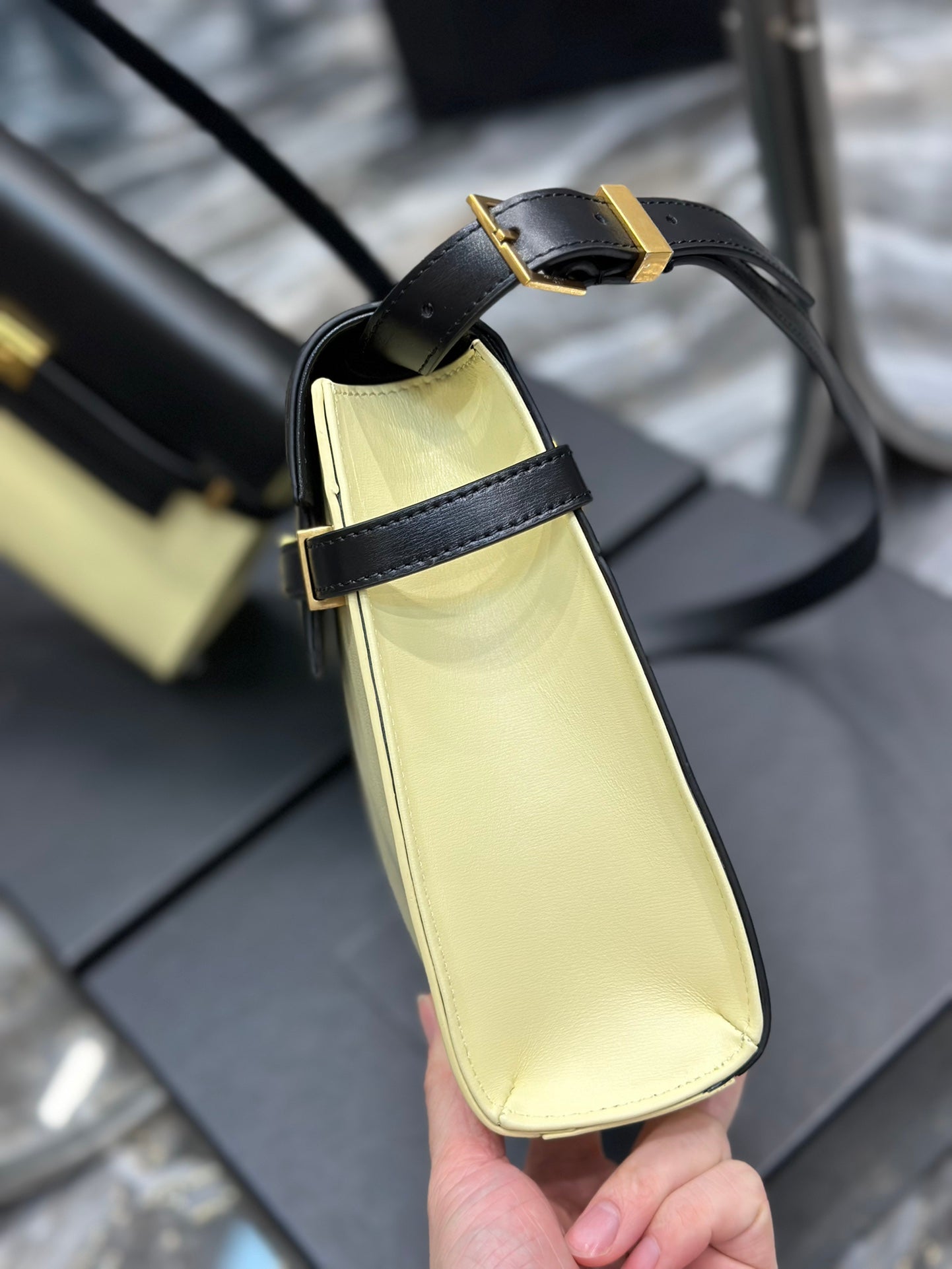 Two-Tone Leather Shoulder Bag - Black and Cream with Gold-Tone Clasp