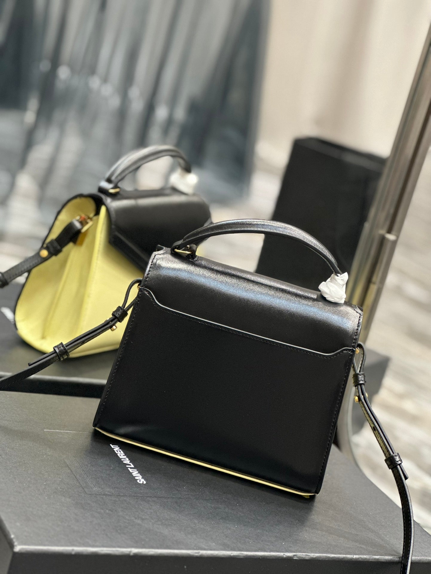 Saint Laurent Cassandra Mini Two-Tone Top Handle Bag - Black/Cream