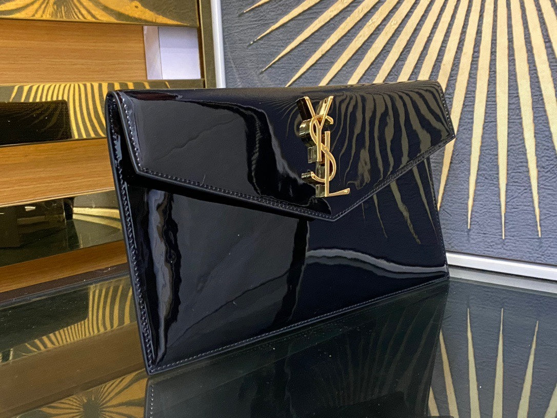 Saint Laurent Uptown Pouch in Black Patent Leather with Gold Logo
