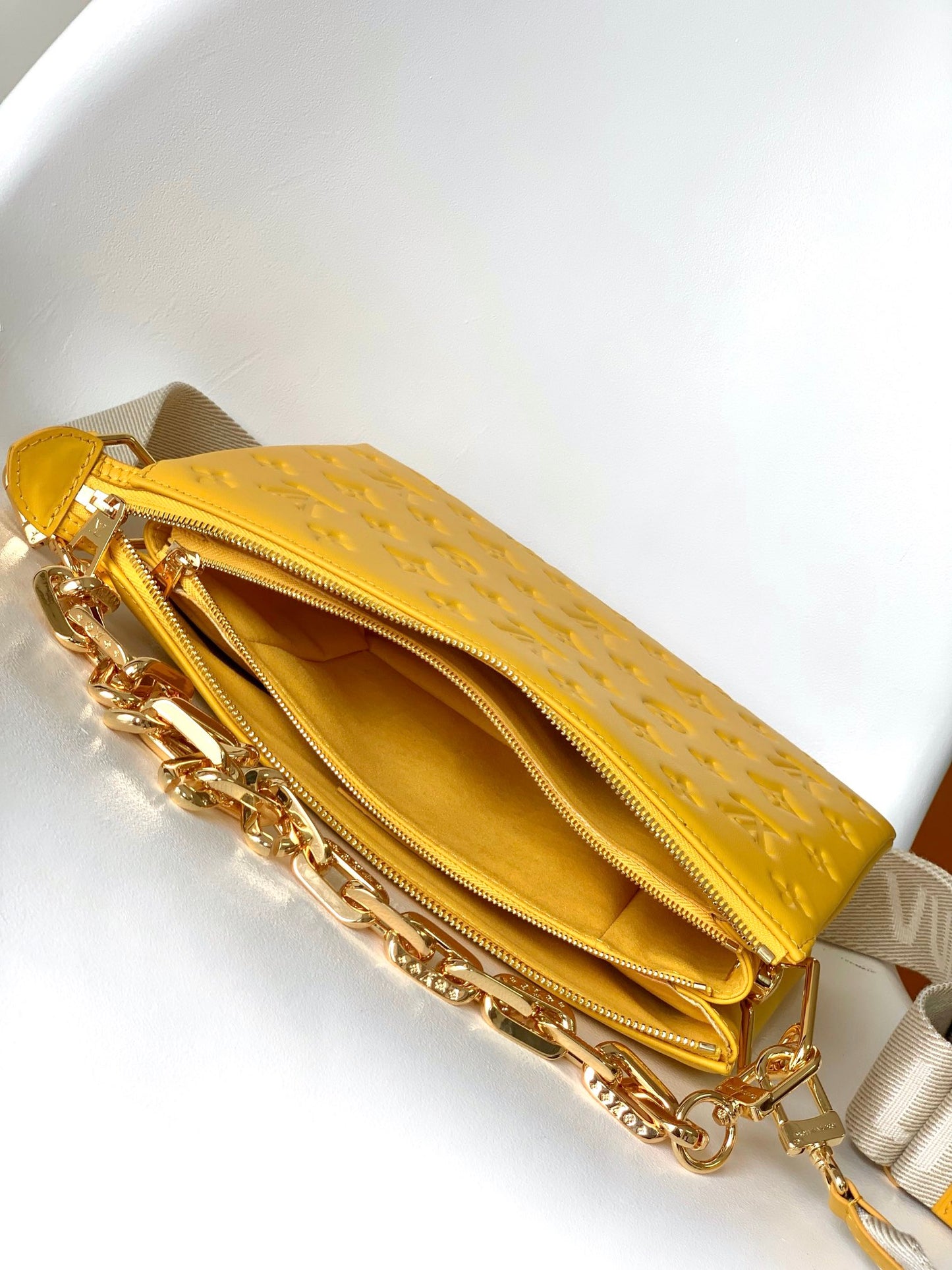 Yellow Quilted Crossbody Bag with Wide Branded Strap and Gold Chain Handle
