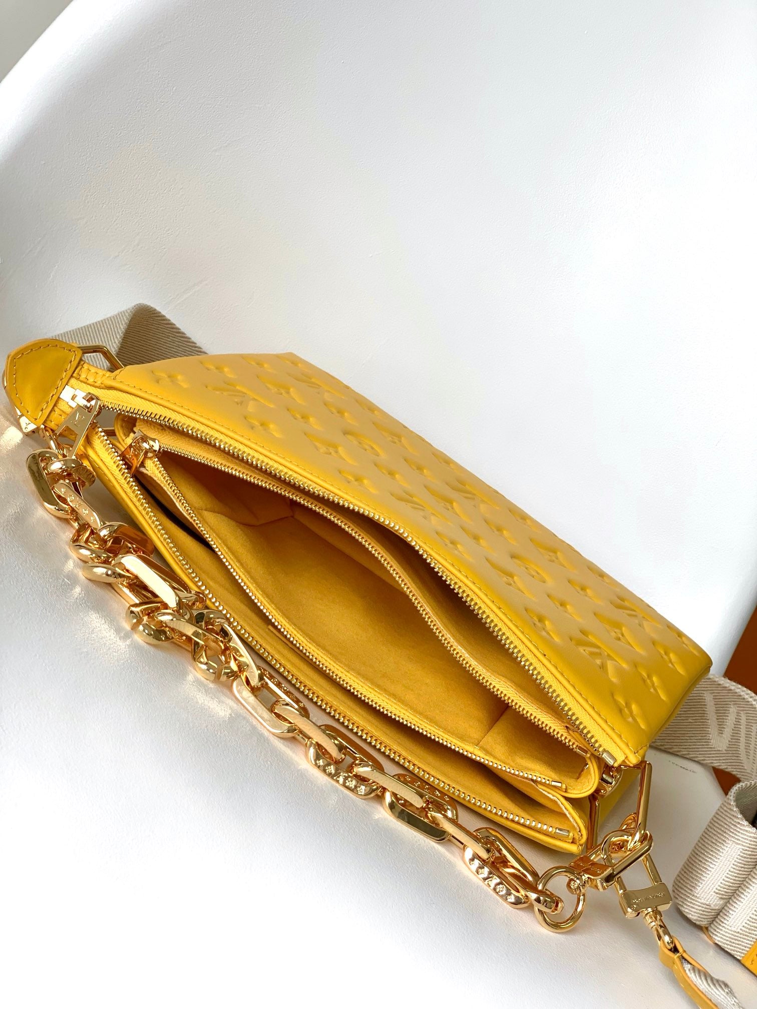Yellow Quilted Crossbody Bag with Wide Branded Strap and Gold Chain Handle
