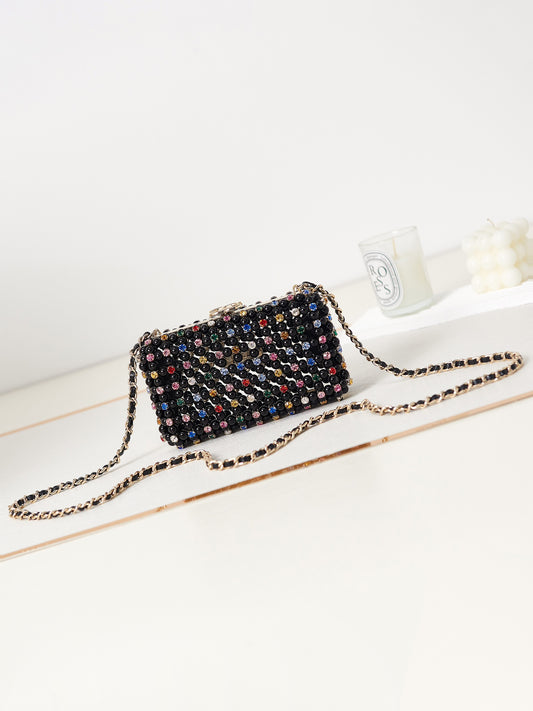 Black Studded Evening Clutch Crossbody Bag with Chain Strap
