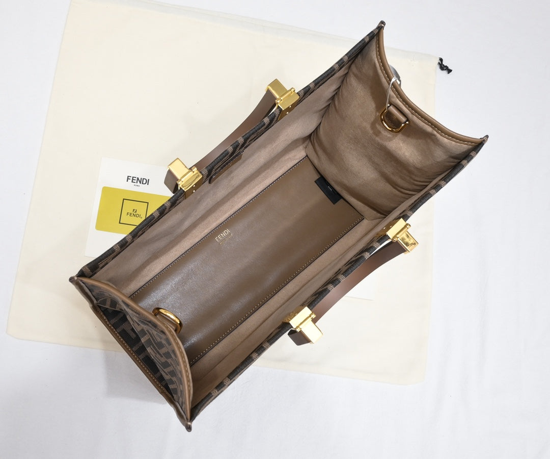 Fendi Sunshine Medium Shopper Bag - Brown FF Fabric with Leather Trim