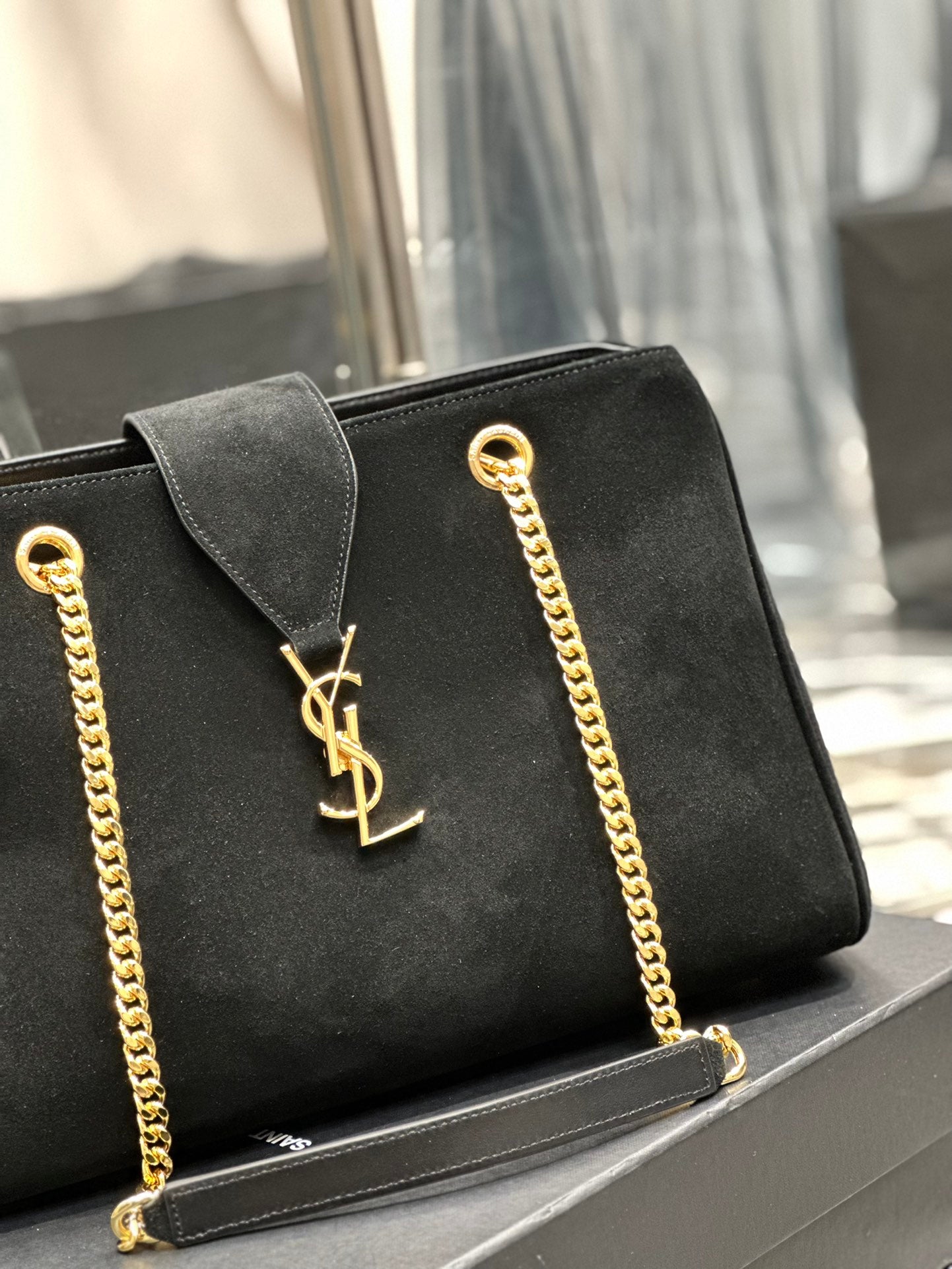 Saint Laurent YSL Monogram Black Suede Shoulder Bag with Gold Chain Hardware