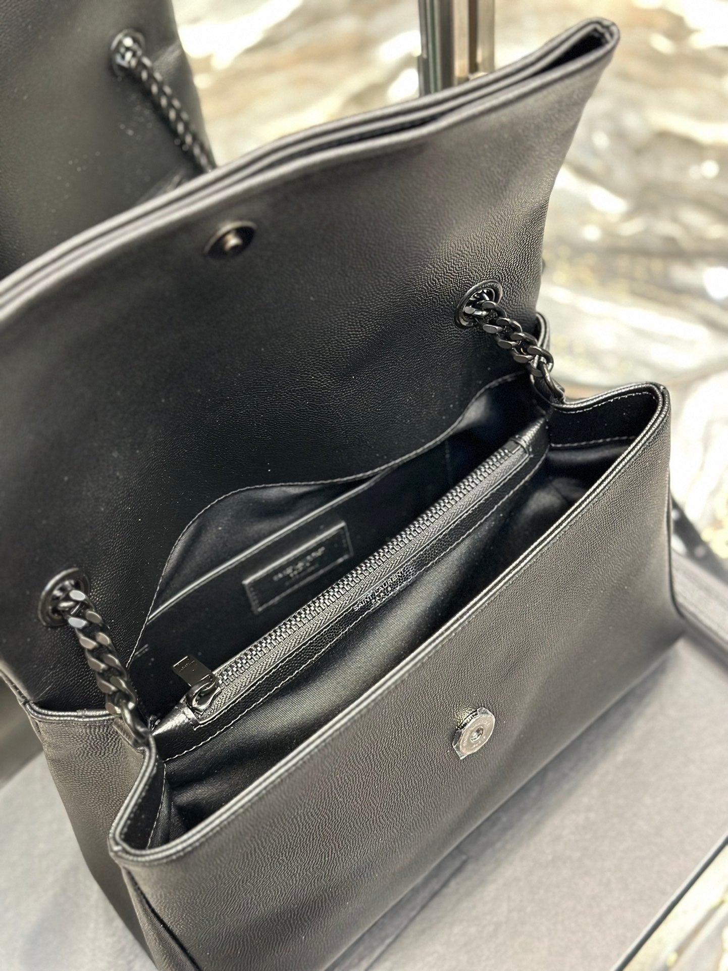 Saint Laurent Monogram Black Leather Flap Shoulder Bag - Tonal YSL Logo